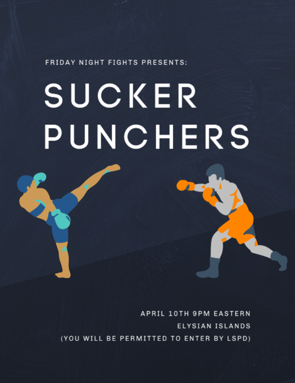 MariaBlueCheese's tweet photo. Friday Night Fights is beginning it's second season, Sucker Punchers, tonight.  Chance to win 100k, free admission, NEW rules, NEW location, more BLOOD.  Who's in?  #Obliviverse #TheObliviverse #fights  #GTARP  #twitch https://t.co/vTBeWCXOP4