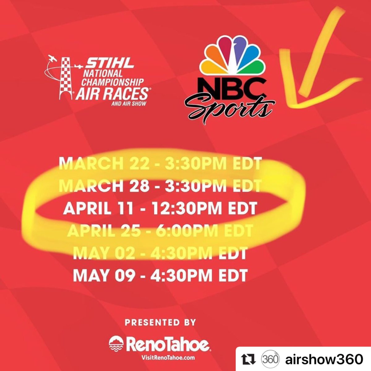 AirShow_360's tweet image. Who’s ready for some #airrace action?! Check out @NBCSports Saturday, April 11 at 12:30 p.m. EDT/9:30 a.m. PDT to watch the third episode of the six part series about the 2019 @RenoAirRaces @STIHL Nat’l Championship Air Races.

#weloveairraces #welovereno