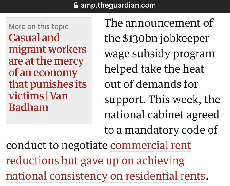 the federal parliament legislated $130 billion to be distributed to business, and the national cabinet agreed on a mandatory national commercial leases code for the benefit of business. Then everyone except Tasmania “gave up on” 8 million residential tenants. Well done Scott