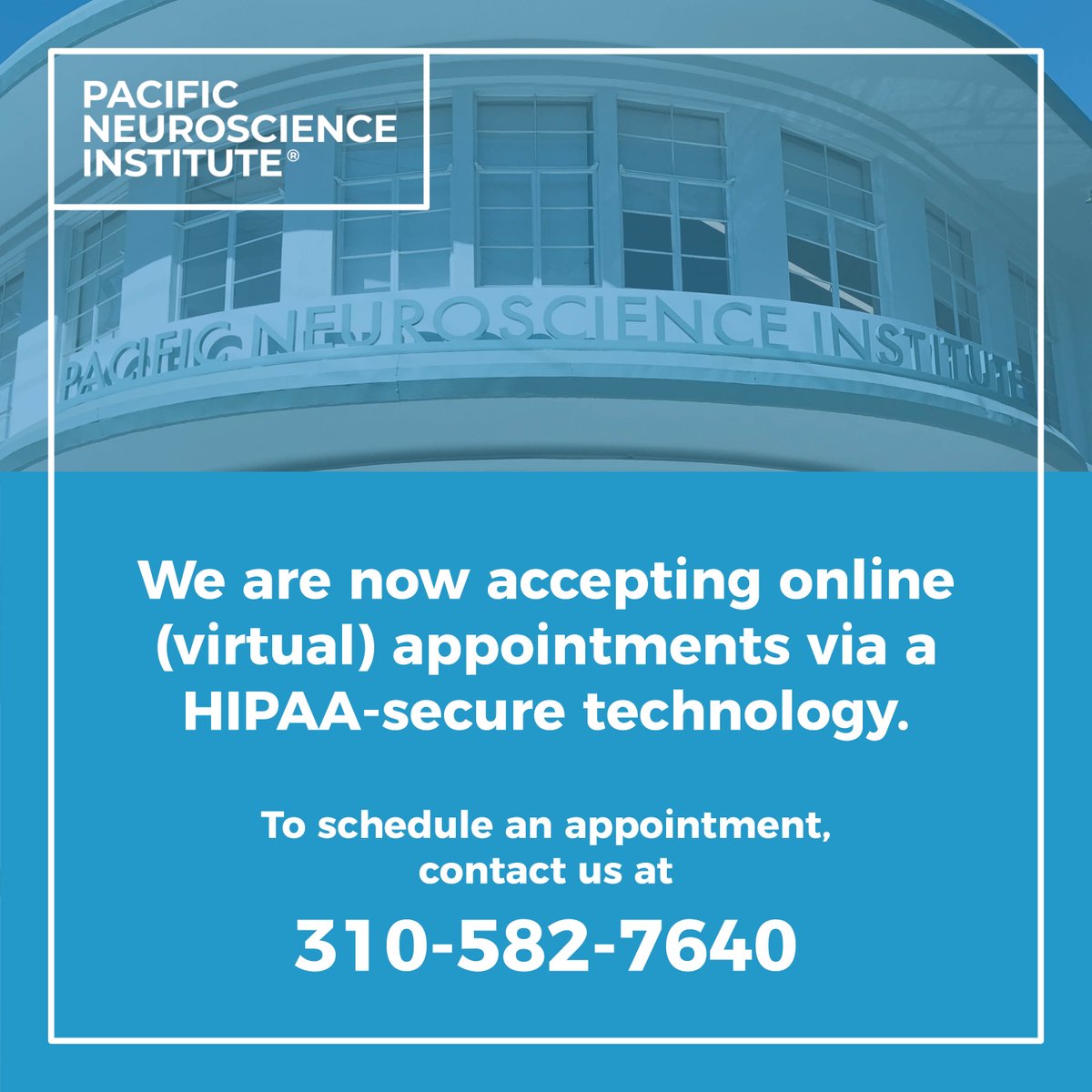PacificNeuroPNI's tweet photo. In order to better serve you during this time we are now accepting virtual appointments through HIPAA-secure technology. To schedule your appointment please call us at (310) 582-7640.
#Teleheath #ThinkPNI #Telemedicine https://t.co/9kIxQPammC
