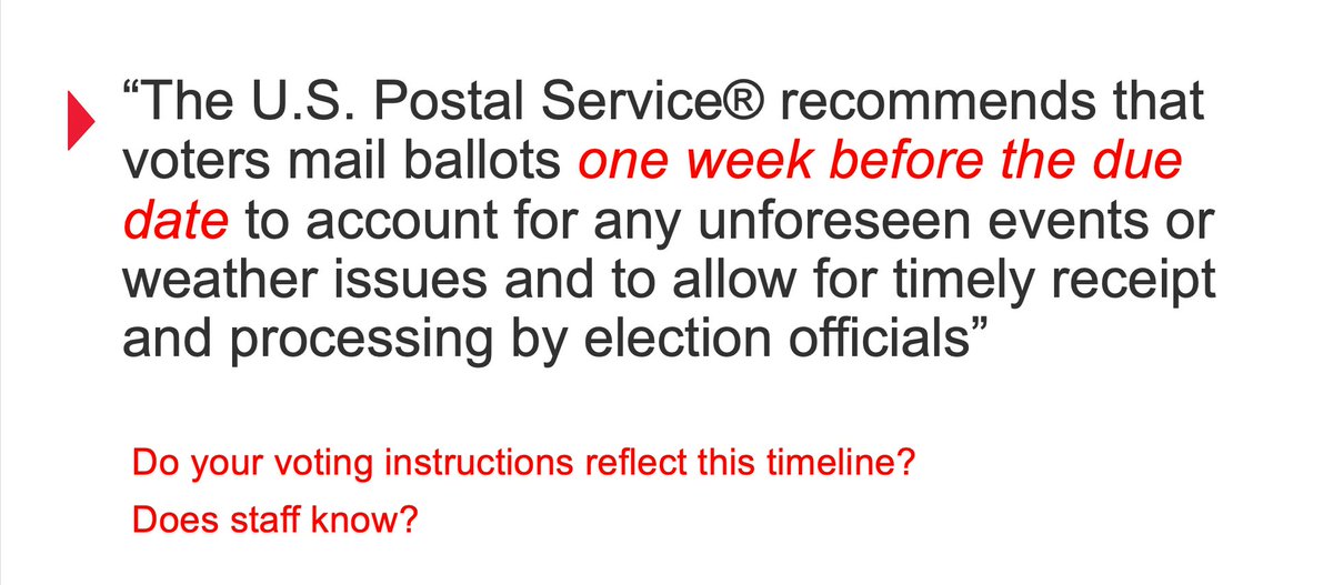 Guidance from  @usps is to advise voters to mail back the ballot one week before the due date to be certain. Are you mailing out ballots after that time? It may be setting up voters to fail if you don't allow various return options.