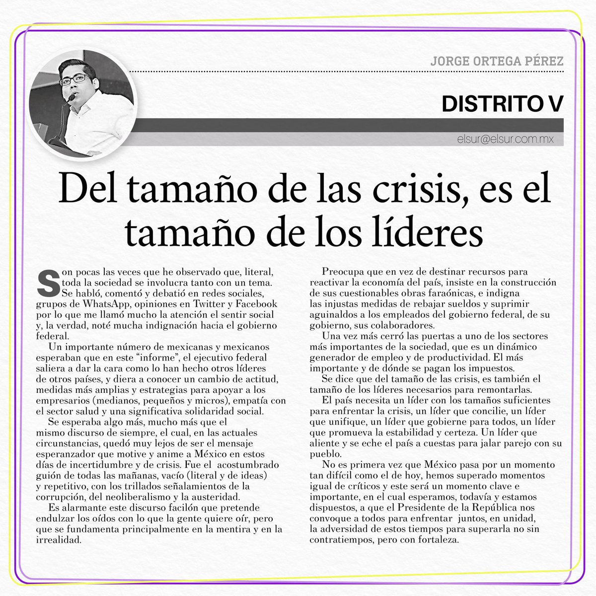 jorgejop's tweet photo. Les comparto mi siguiente reflexión publicada hoy en El Sur de Campeche
Se dice que el tamaño de las crisis es también es el tamaño de los lideres necesarios para remontarlas. https://t.co/jtOmTTxaxi