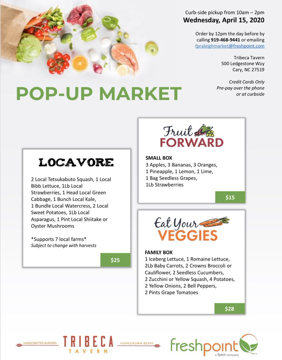 TribecaTavern's tweet photo. We’ve partnered with @freshpointinc to have a pop up market on Wednesday, Apr 15 from 10-2pm, providing amazing #fresh produce - ℂ𝕌ℝ𝔹𝕊𝕀𝔻𝔼!  Order by 12pm day before! Don’t forget to grab #𝕃𝕌ℕℂℍ from our #ToGo menu. #tribecatavern #orderout #freshpoint #localproduce https://t.co/W3u59tpcea