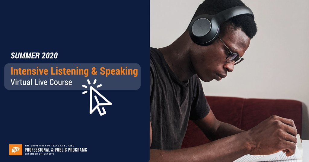 UTEP_P3's tweet photo. Learning English? Check out our Intensive Listening and Speaking Course (Virtual Class) designed to help students practice daily conversations, develop note-taking skills, and more. To sign up visit  https://t.co/YSlIcyStgu #StayHomeWithP3 #UTEPP3 https://t.co/6xxYoqCdyM