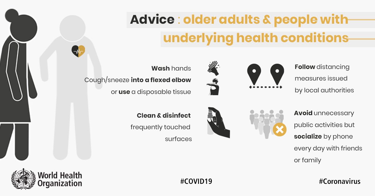 Older adults & people w/ underlying conditions can protect themselves & others by:Wash  frequently, cough/sneeze into a flexed , use a disposable tissue Keepdistanceunnecessary public activities Disinfect frequently touched surfaces #COVID19