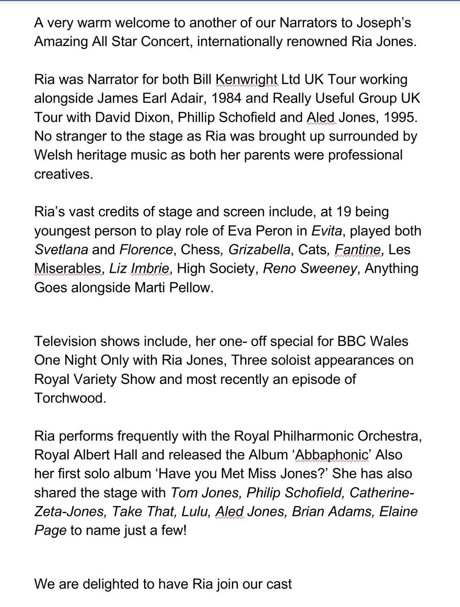 JosephConcert's tweet photo. A very warm welcome to another of our Narrators, internationally renowned
Ria Jones @RiaJones67
#josephandhisAmazingAllStarCast
👇🌈👇🌈👇🌈👇🌈👇🌈👇🌈👇 https://t.co/9Xpu4OKcEa