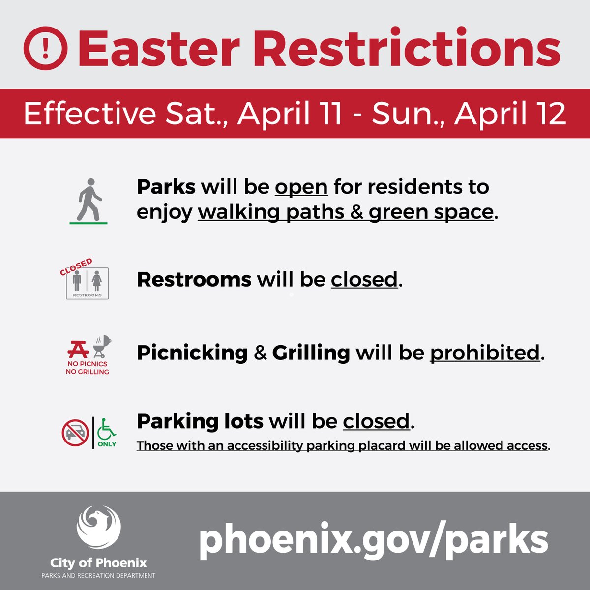 PhoenixPolice's tweet photo. While we love interacting with the community, we don't want to spend #EasterSunday handing out citations for families not following the rules. So please follow these restrictions at #Phx city parks this weekend. #SaveItForNextYear #StayHome #StayHealthy #StayConnected https://t.co/L1LejNrvkV
