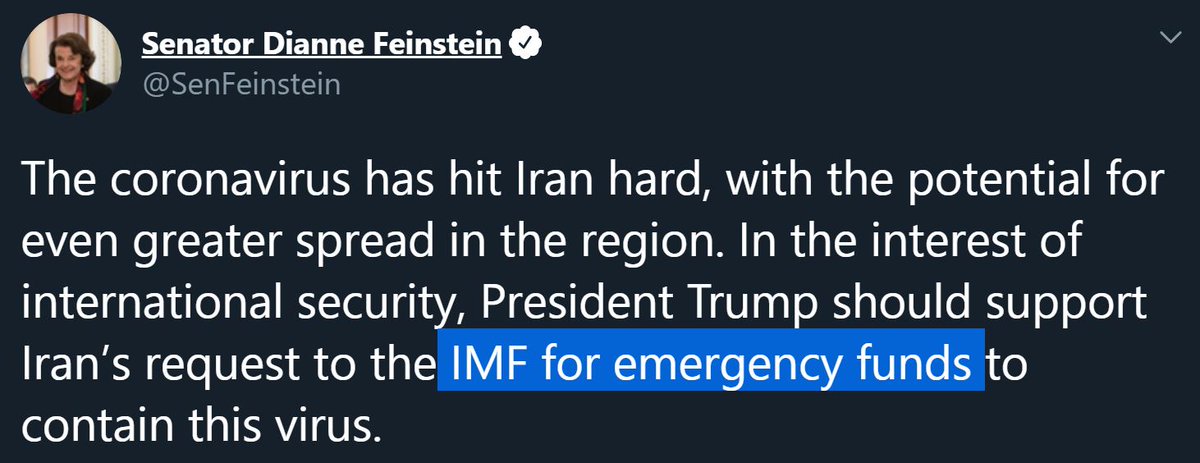 THREAD1) @SenFeinstein is the latest voice calling for a return to the Obama years of appeasing the regime in  #Iran & actually trusting the mullahs with a $5 bn IMF loan.Reminders:-Feinstein dined with  @JZarif back in May 2019-Iran spends billions on supporting terrorism