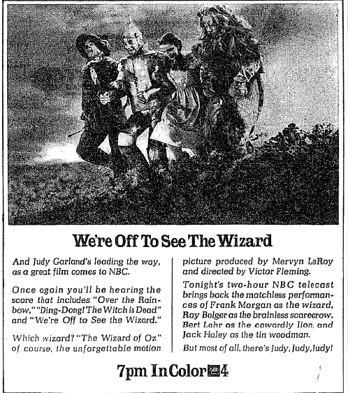 Saturday 4/20/68 at 7 pm. Though OZ got great ratings, CBS balked at MGM's rising licensing fees after nine showings. NBC leased it from 1968 through 1975, doing away with wraparounds due to the growing amount of commercial interruptions and moving it to spring.  #TCMParty