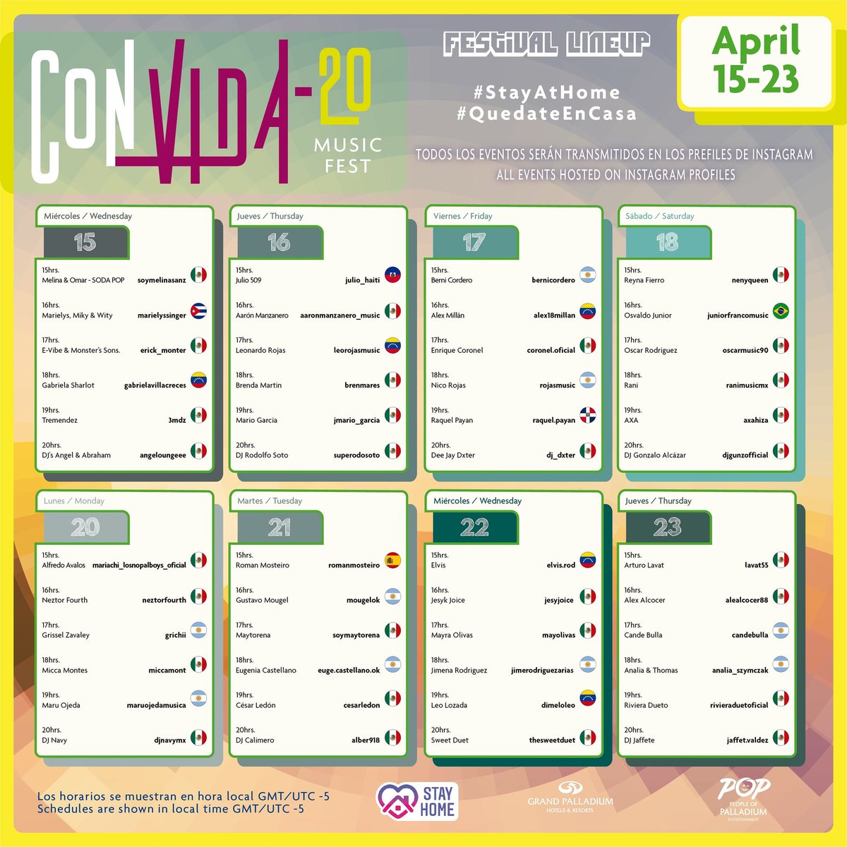 PalladiumHG's tweet image. Estamos felices de presentar el #CONVIDA20MusicFestival 
8 días de musica en directo de forma online, emitiendo con artistas de 8 paises diferentes. Artistas de nuestros hoteles se vuelcan en acercaros la música que normalmente puedes disfrutar en nuestros destinos. #LateCheckIn