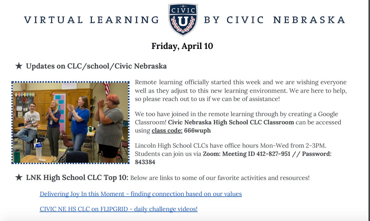 LHSFRC's tweet photo. The Civic Nebraska High School CLCs have teamed up to offer virtual learning and connection! Find out more about what we have going on and links to other great online resources can be found here in our new weekly Civic University Virtual Learning Update!
https://t.co/QMsNpli4Lg https://t.co/djvJojRopv