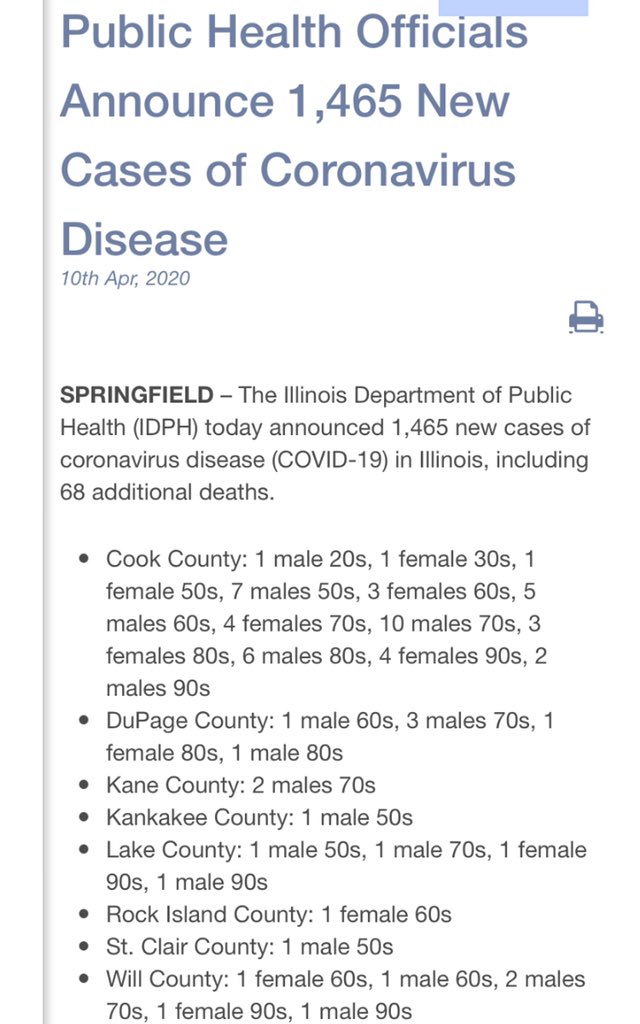 Today’s  #COVID19 numbers for Illinois:- 1,465 more positive cases than yesterday- 17,887 total positive cases (some have recovered)- 68 more deaths (another male in his 20s, female in her 30s)- 596 total deaths- in 83 of IL’s 102 counties- 87,527 people tested statewide