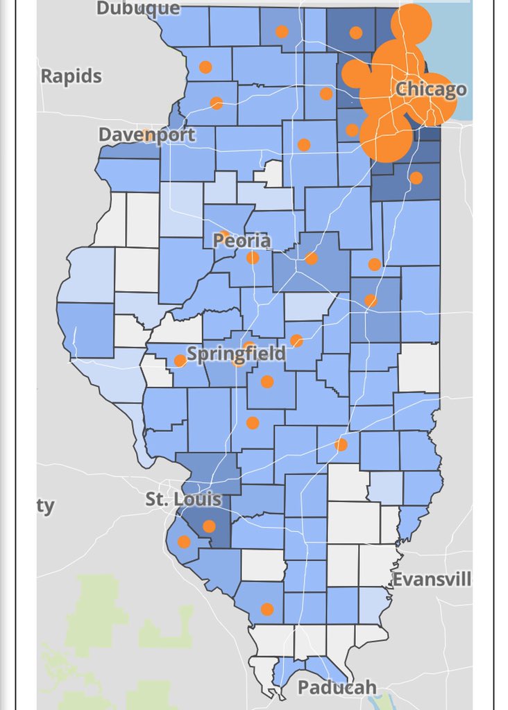Today’s  #COVID19 numbers for Illinois:- 1,465 more positive cases than yesterday- 17,887 total positive cases (some have recovered)- 68 more deaths (another male in his 20s, female in her 30s)- 596 total deaths- in 83 of IL’s 102 counties- 87,527 people tested statewide