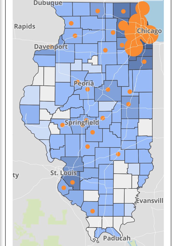 Today’s   #COVID19 numbers for Illinois:- 1,465 more positive cases than yesterday- 17,887 total positive cases (some have recovered)- 68 more deaths (another male in his 20s, female in her 30s)- 596 total deaths- in 83 of IL’s 102 counties- 87,527 people tested statewide