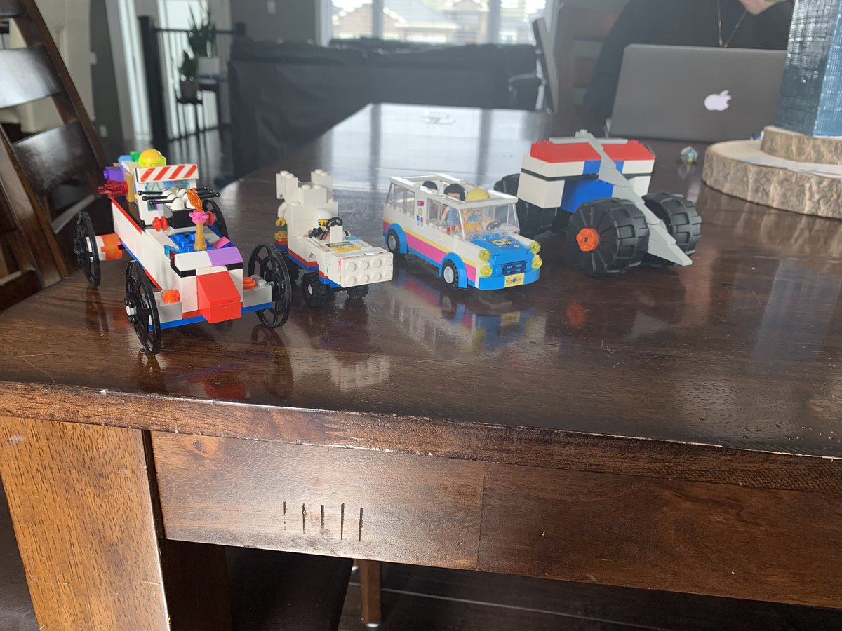 ryanokrainetz's tweet photo. #LEGOMastersFOX our home challenge race. 7yo’s car (far left) was the fastest at 10.5km/h https://t.co/qbW7WIrSVC