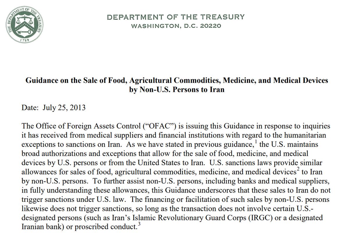 5)Sen. Feinstein, did you know that U.S. sanctions are not preventing aid to Iran. The U.S. maintains broad authorizations allowing the sale of food, agricultural commodities, medicine & medical devices by U.S. persons or from the U.S. to Iran? https://www.treasury.gov/resource-center/sanctions/Programs/Documents/iran_guidance_med.pdf