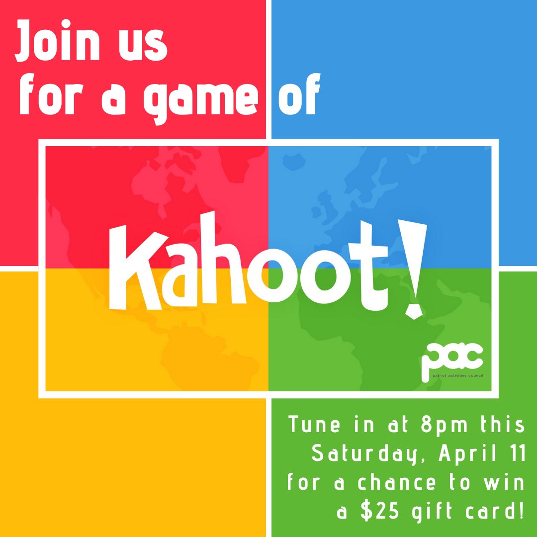 GMU_PAC's tweet photo. Don’t forget to join us for our Kahoot tomorrow for your chance to win a $25 gift card! When entering your username, be sure to make it your FULL NETID (the part that comes before @gmu.edu in your email). We will be broadcasting the pin to join the Kahoot at 7:45PM tomorrow! https://t.co/A6ZqsWI6Ck