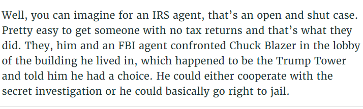 So how was Blazer flipped, by 'coincidence' an IRS agent looked up his tax returns to find he had not filed any in 17 years! So what do IRS & FBI do? Sit down in the lobby of Trump Tower & force him to flip against FIFA corruption.HT  @SamSimeonSays https://whowhatwhy.org/2018/07/13/fifa-world-cup-trump-mueller-comey-putin-steele/