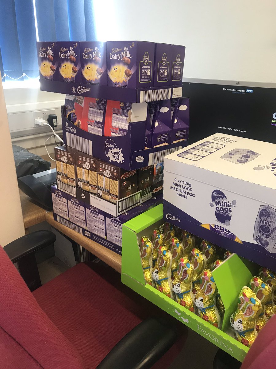 Creenybrice's tweet photo. Thank you to the Pocock family for donating and delivering all of these wonderful Easter treats today for the NHS teams working frontline in theatres and ITU this weekend. Legends 🙌🏼 @HillingdonNHSFT @GPocock1 @MissMica89 https://t.co/UP72CSOct9