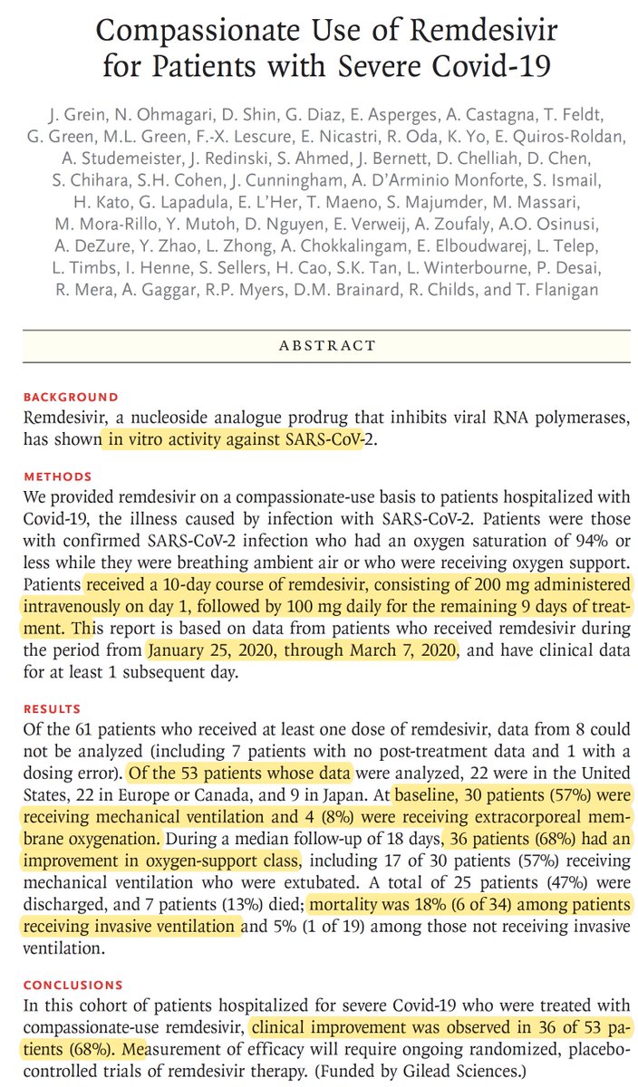 Big for  #COVID19 therapy: the compassionate use results for remdesivir in 53 patients looks very encouraging, especially in very sick patients on mechanical ventilation with 18% fatality (only, expect > 50%) and overall 68% improvement  https://www.nejm.org/doi/pdf/10.1056/NEJMoa2007016?articleTools=true  @NEJM