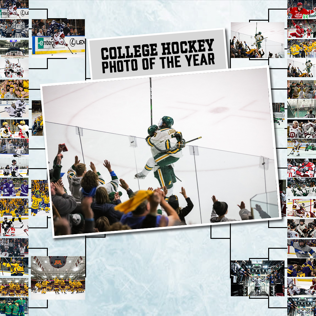 collegehockey's tweet photo. Jump for joy! This @NMUHockey celebration shot has won our Photo of the Year contest! Thanks to all for voting and sharing the tremendous shots of our great game https://t.co/L5tx452Aac