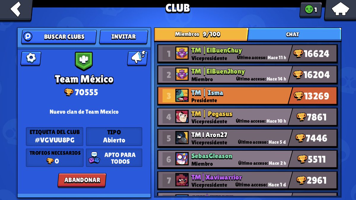 Buen día chicos, hace unos días nos creamos un nuevo club en BS y apenas somos unos cuantos, si buscas club o subir copas aquí estamos nosotros!✌🏻

link.brawlstars.com/invite/band/es…