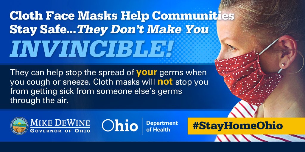 GovMikeDeWine's tweet photo. Cloth face masks help communities stay safe, they don't make you invincible! Learn more: https://t.co/43ha3ELCs7 

https://t.co/3lWx4J9t3J

#InThisTogetherOhio
#StayHomeOhio https://t.co/9MtNyPocLF