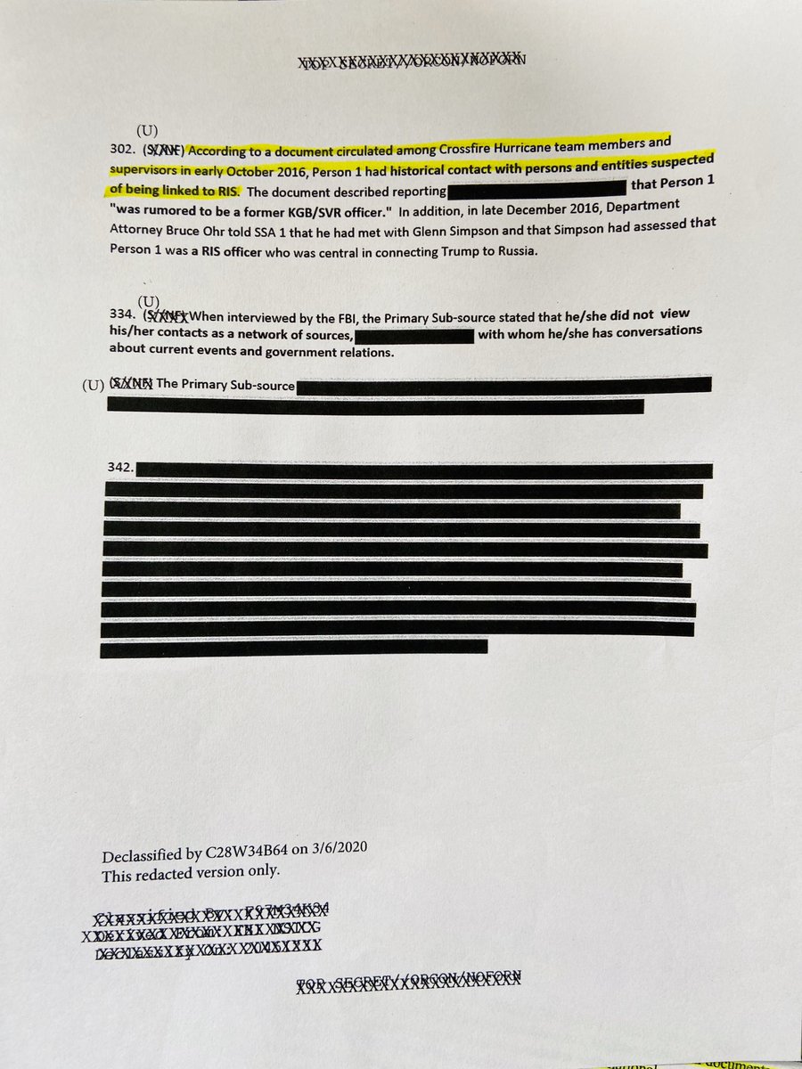  #FISA READ FULL footnote 302 Steele dossier sub-source “According to a document circulated among Crossfire Hurricane team members and supervisors in early October 2016, Person 1 had historical contact with persons and entities suspected of being linked to RIS (Russian Intel)...