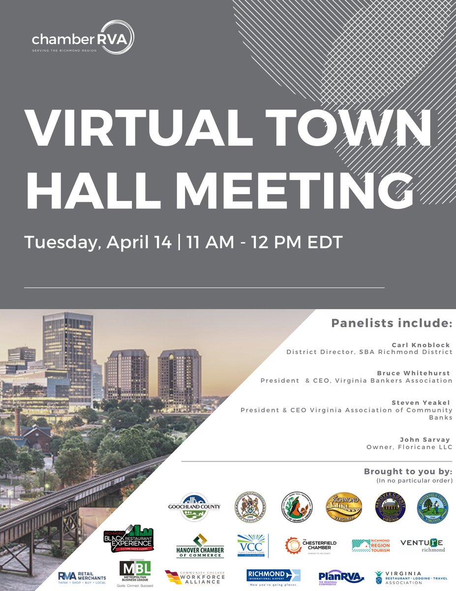 Please join ChamberRVA and panelists at a virtual Town Hall meeting on the CARES Act and SBA Disaster Loans Virtual Town via Zoom.

When: Tuesday, April 14, 2020
Time: 11:00 AM - 12:00 PM EDT

This event will be on a first come-first serve basis.

bit.ly/3cc1alI