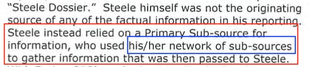 N.B. This is from Executive Summary of the IG report stating as a FACT that the Primary Sub Source (PSS) used “his/her network of sub-sources to gather information”This is directly contradicted by Footnote 334 where the PSS themselves said they didn’t have a “network” at all 