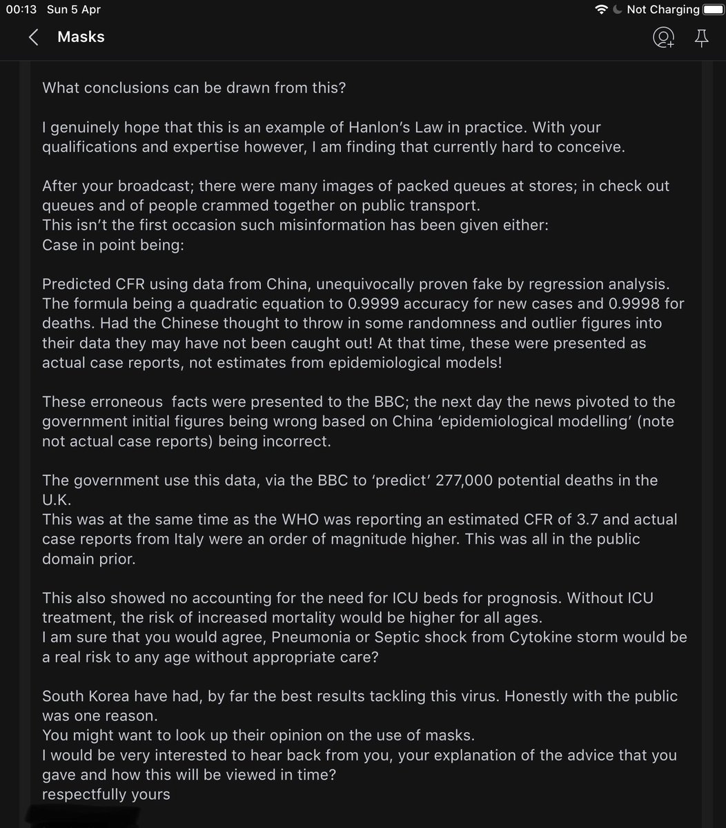 Unsurprisingly, I received no reply to my email. I do intend to follow up, once the narrative shifts to a need for masks.  https://twitter.com/piehead9/status/1242401024528330753