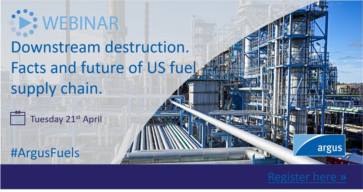 ArgusMedia's tweet photo. Downstream destruction. | Join Argus for a webinar on the facts and future of the US fuel supply chain. April 21 2pm CST
https://t.co/AQLHPfqJxl
#fuel #ArgusOil #ArgusWebinars https://t.co/VRGW6eWA0K