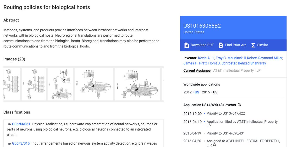 AT&T has patented the ability to address your brain / body / cells on the Internet. AT&T describes the ability to use a persons brain / thoughts to control aspects of another person over the Internet (i.e. thoughts, motor movements and control) https://patents.google.com/patent/US10163055B2/en