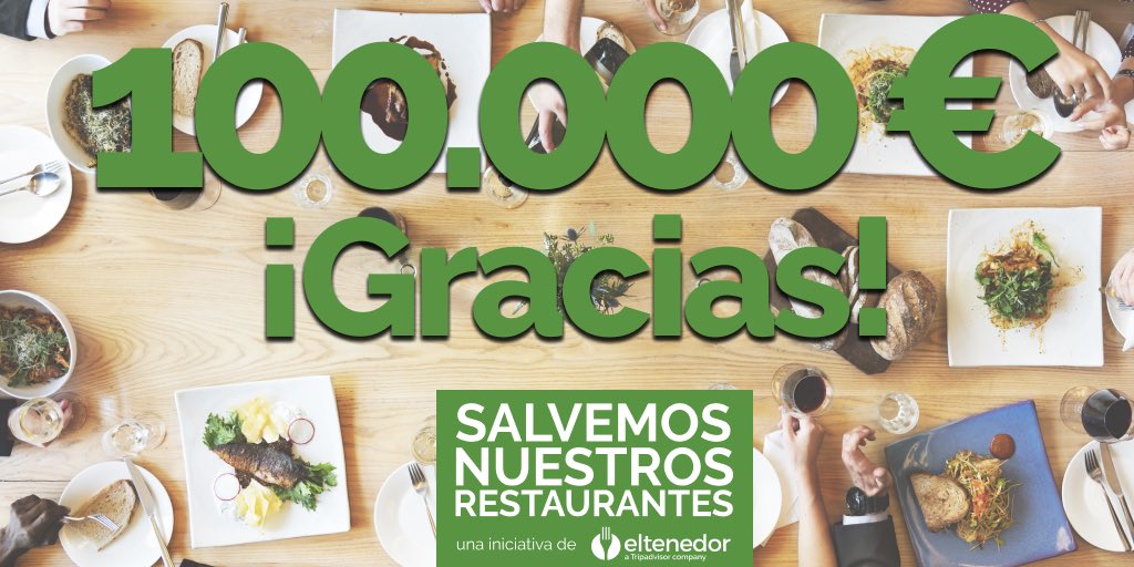 💚¡INCREÍBLE!💚
¡Grandísima acogida de #SalvemosNuestrosRestaurantes!
En 9 días habéis comprado 100.000€ en bonos prepago que irán directos, sin comisión nuestra, a los restaurantes, a ayudarles en estos días. 
¡Ayudadnos a seguir dando difusión!
🟢SalvemosNuestrosRestaurantes.es🟢