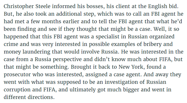 Interesting that some of the bribes were reportedly being paid in rare art, another topic that has propped up in corruption cases.But Steele reached out to FBI SSA Gaeta, the same person he would approach in July 2016 with his collusion dossier!