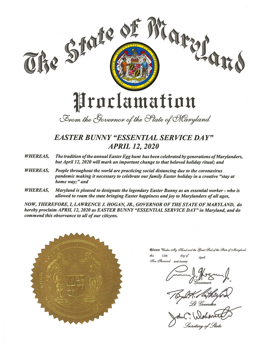 For the kids out there who may have been concerned, I have some reassuring news: Today I officially proclaimed the Easter Bunny an essential worker in Maryland. He therefore will be able to proceed with his hopping across the state, delivering Easter baskets to Maryland children.
