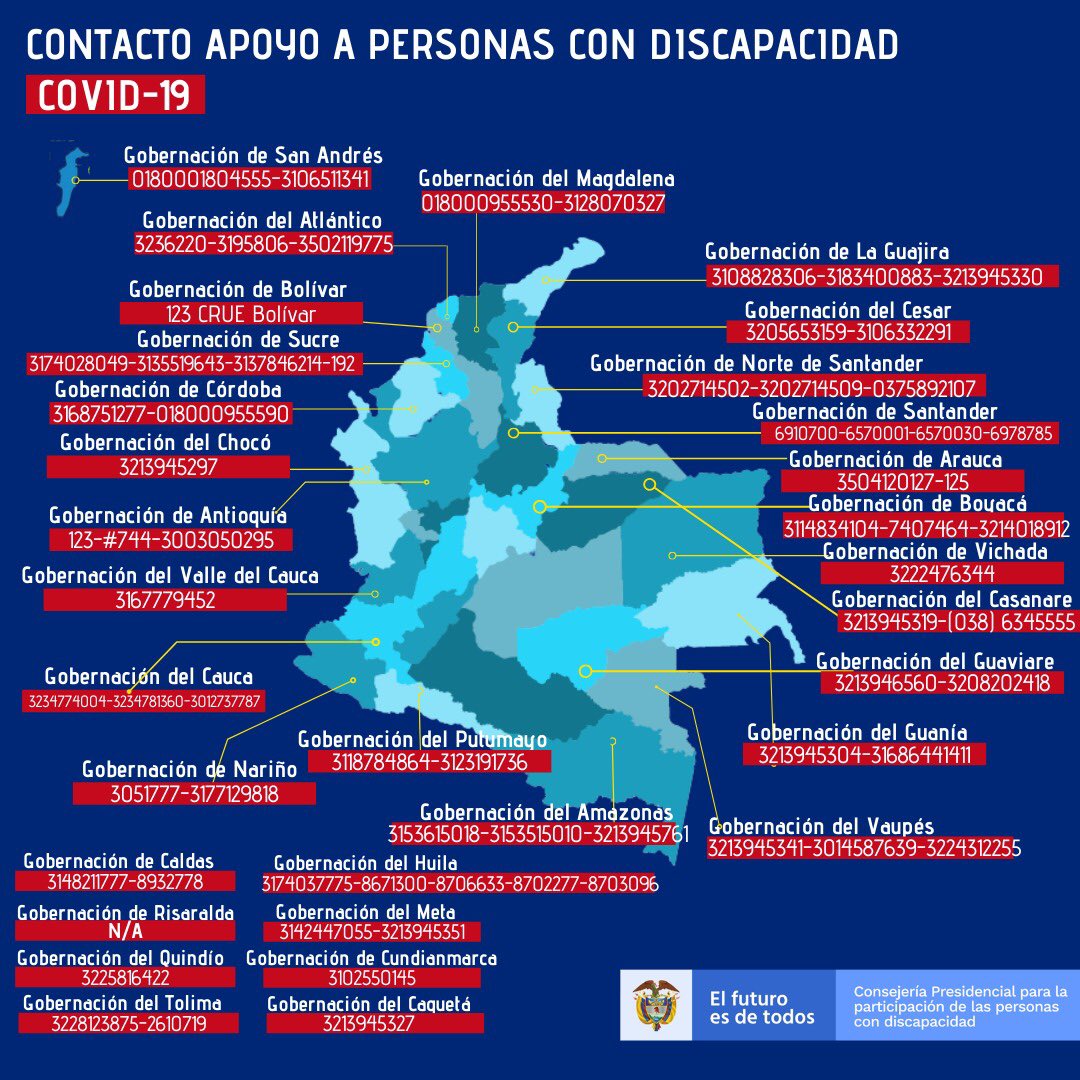 J_Clopatofsky's tweet image. #PrevenciónYAcción | Gracias al compromiso y apoyo de todas las Gobernaciones del país, hemos dispuesto estas líneas de apoyo por departamentos ☎️ para que todas las personas con discapacidad y sus cuidadores tengan atención en esta emergencias sanitaria #COVIDー19