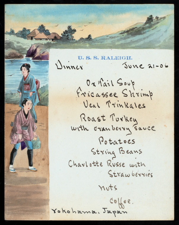 As mentioned in this thread, there was an elaborate dinner for the USS Raleigh crew at the Waldorf-Astoria in 1899, after their return from victory in the Philippines. The Raleigh returned to Pacific waters; and from the looks of this officers' dinner menu, they had a nice time.