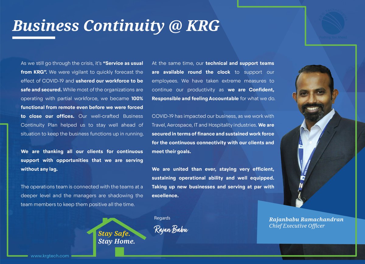 KRGTech's tweet photo. Rajanbabu Ramachandran, CEO - Message! from his Desk.
It's "Service as usual from KRG" - We are 100% functional from remote. Let's be safe from "Covid-19" by staying at home. #ceo #ceoforum #ceodesk #service #remote #businessasusual #workfromhome #thankyouall #serving #employees https://t.co/R2BUy3rf9W
