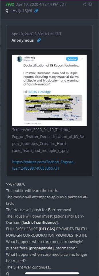 arrests. The declass of IG Report footnotes will show Crossfire Hurricane Team had multiple reports disputing material claims of Steele and the dossier and warning of disinformation.I don't think this is that big of a shock to anyone. Crossfire Hurricane Team was going to