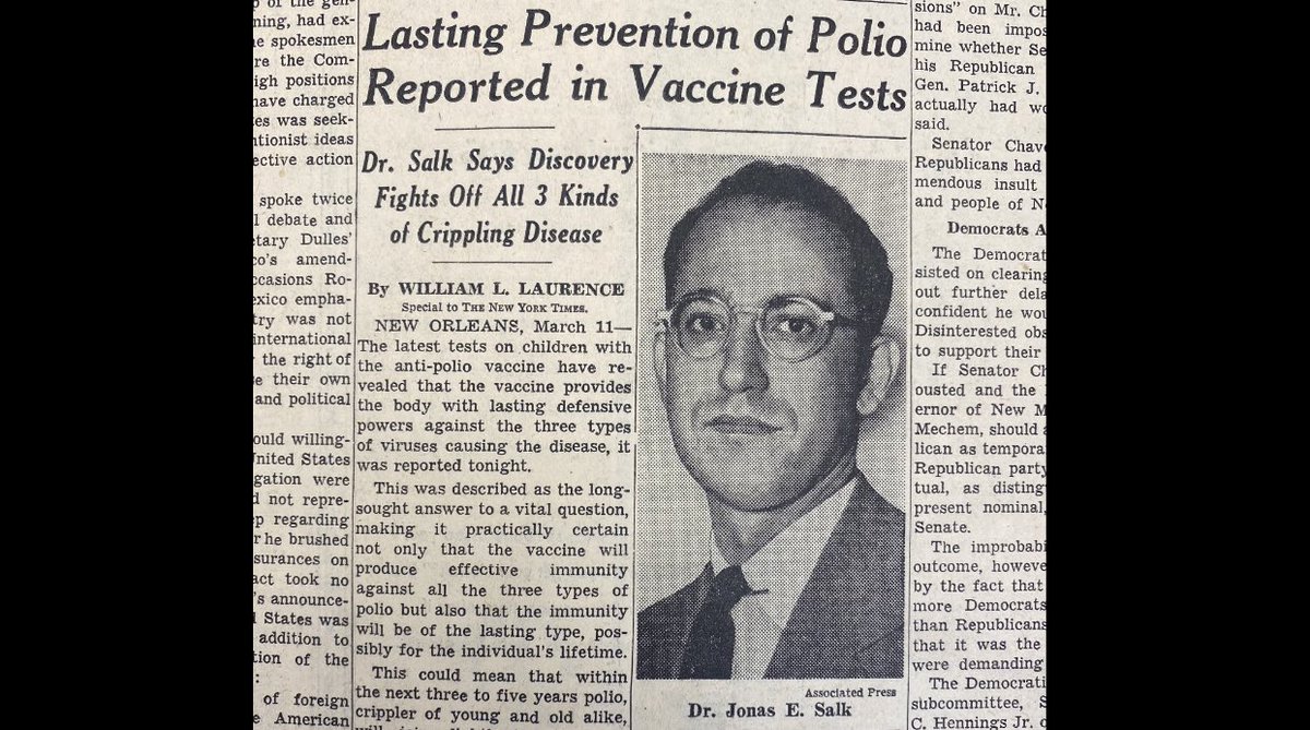 Now we understand a tiny bit what it’s like living in a pre-vaccine world. Salk’s inactivated polio vaccine launched on a Friday (Mar. 12, 1954) changes the world by reducing cases of childhood paralysis from 350,000/year in 1988 to 33 in 2018... #FridayMotivation  #FunFactFriday