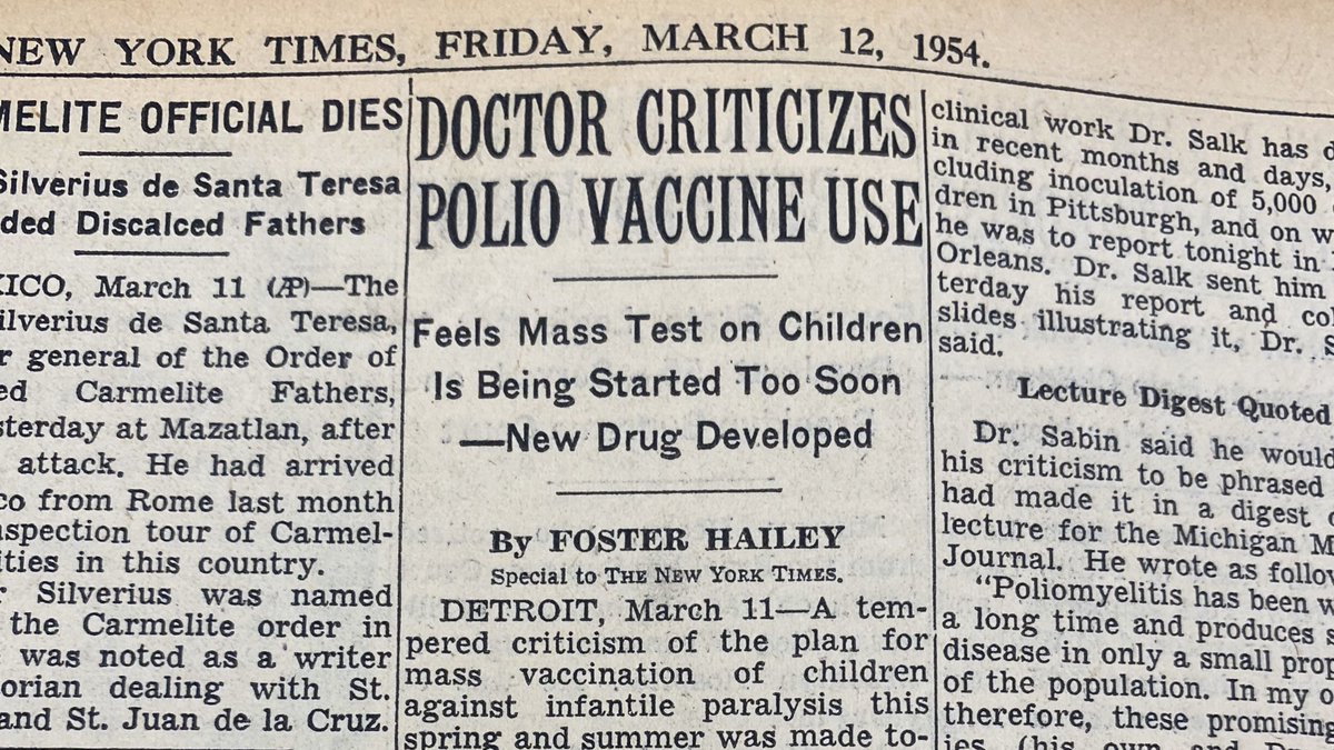 ...But there was also a naysayer in the same issue of the  @nytimes. Albert Sabin, Salk’s competitor, said the research was going too fast, proving that even the greatest breakthroughs have their critics.  #FridayMotivation  #science  #FunFactFriday