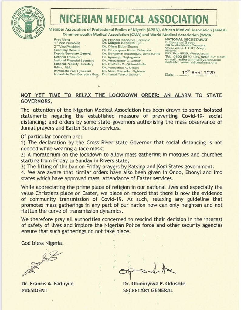 nationalnma's tweet photo. COVID-19: Not yet uhuru. 
Let’s call ourselves to order before it’s too late!
#COVID19 #COVID19Pandemic #Nigeria #EasterAtHome #StaySafeNigeria #SocialDistancing 

Cc: @NCDCgov @Fmohnigeria @mdcan_ng @MBuhari @DigiCommsNG @NOA_Nigeria @FMICNigeria @WHONigeria https://t.co/PMro9pXtkK