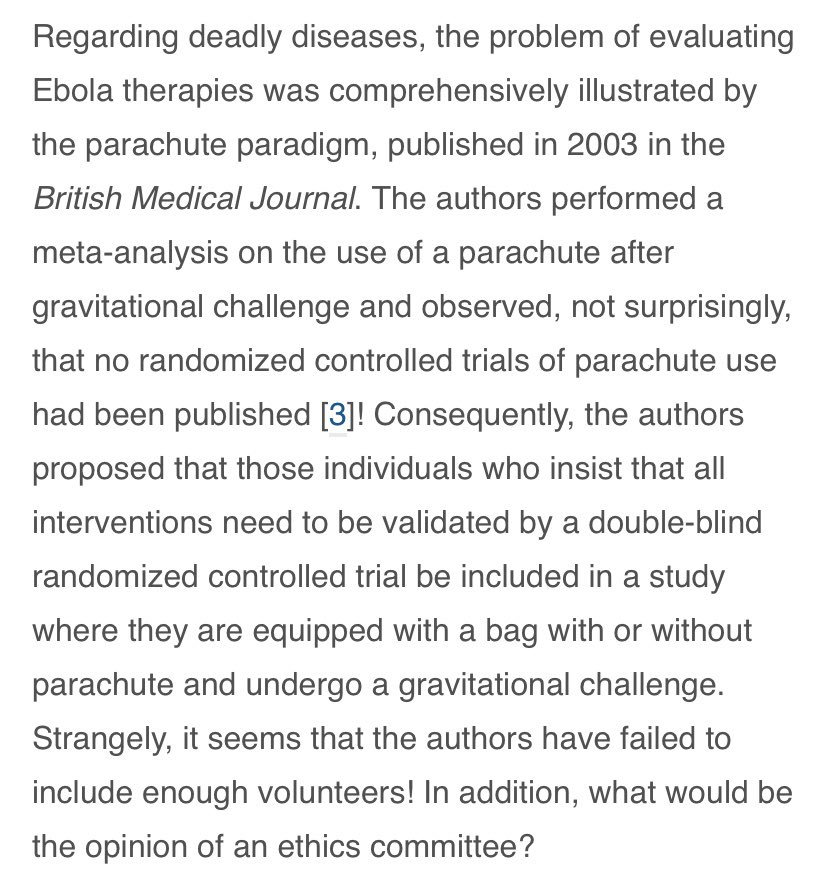 Tiens, dans cet article Lagier et Raoult citent le fameux article « parachutes » du BMJ.Source : Lagier JC, Raoult D. Deadly infectious diseases such as Ebola: the parachute paradigm. Clin Microbiol Infect. 2015;21(5):389–390.