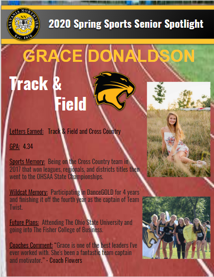 NviewAthletics's tweet photo. Rounding out this week's #SeniorSpotlight is @gracedonaldson0 of the @nvhstrack team. We'll be back on Monday, have a SAVE weekend Wildcats! @NVHSWildcats @SectionNV @SylvaniaSchools @NVathBOOSTERS https://t.co/317rHvSR4Y