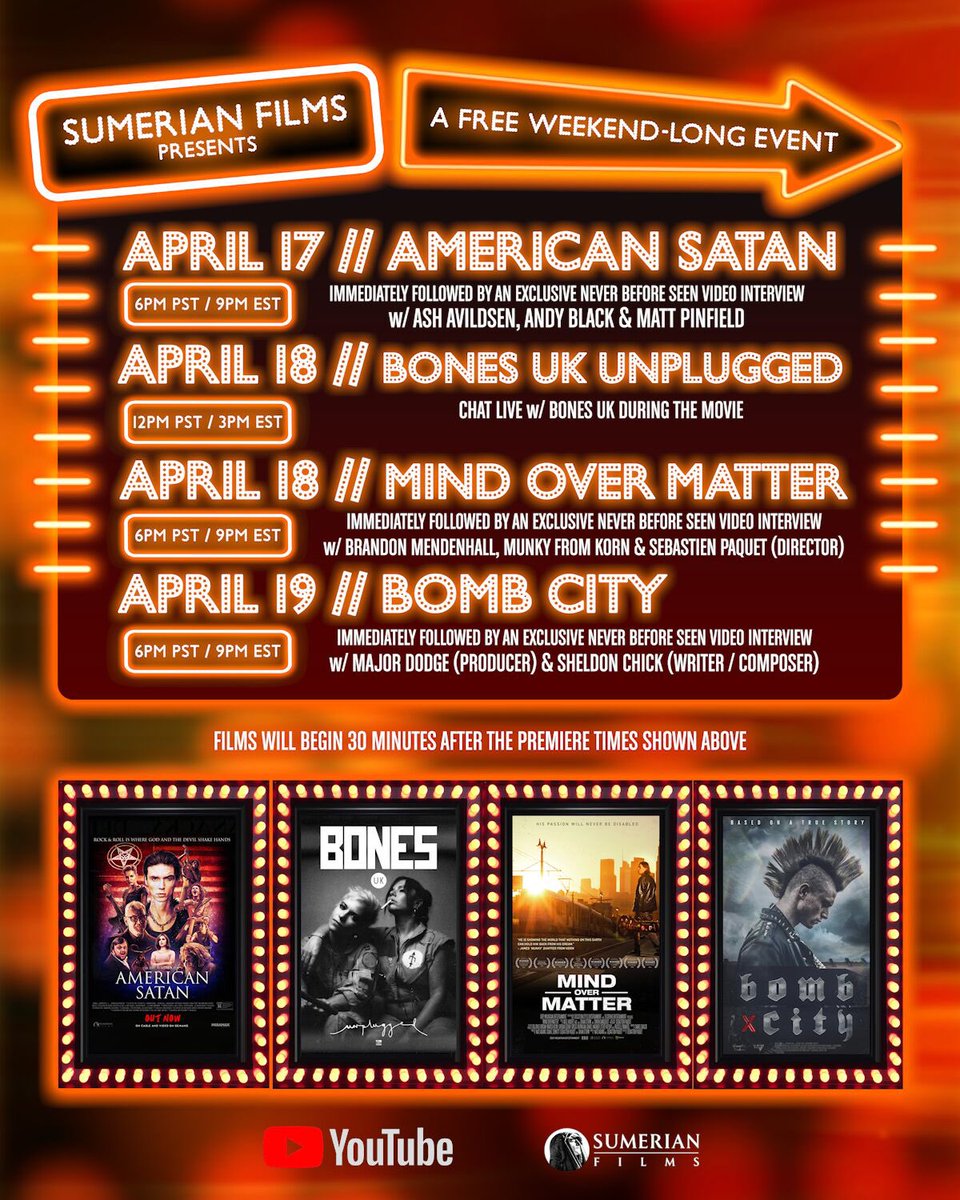 SumerianRecords's tweet photo. ⁣Next weekend we're hosting a #SumerianFilms event on our YouTube Channel! 📽️🎞️⠀
⠀
Get your popcorn and questions ready for the live Q&amp;A's with each film! 🍿⠀ https://t.co/qSg8qDS6ds