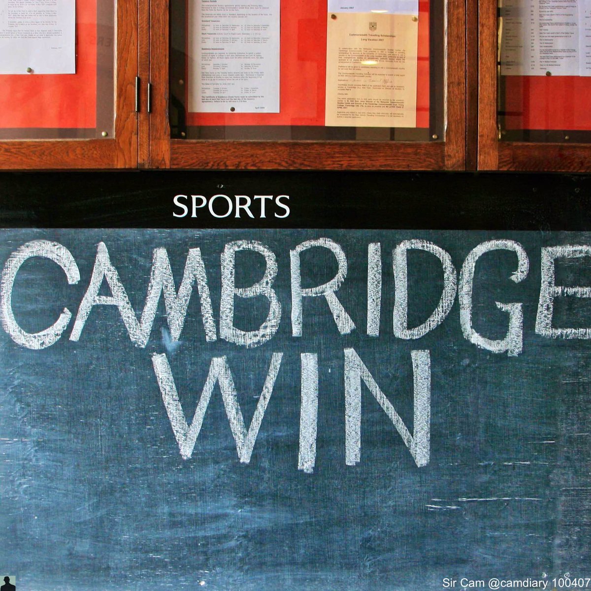 camdiary's tweet image. Some good news from thirteen years ago, April 2007. 

Noticeboard at Jesus College announcing results of The Boat Race. Cambridge won the 153rd race. (Photo published in Cambridge: An 800th Anniversary Portrait, 2008.) #GDBO