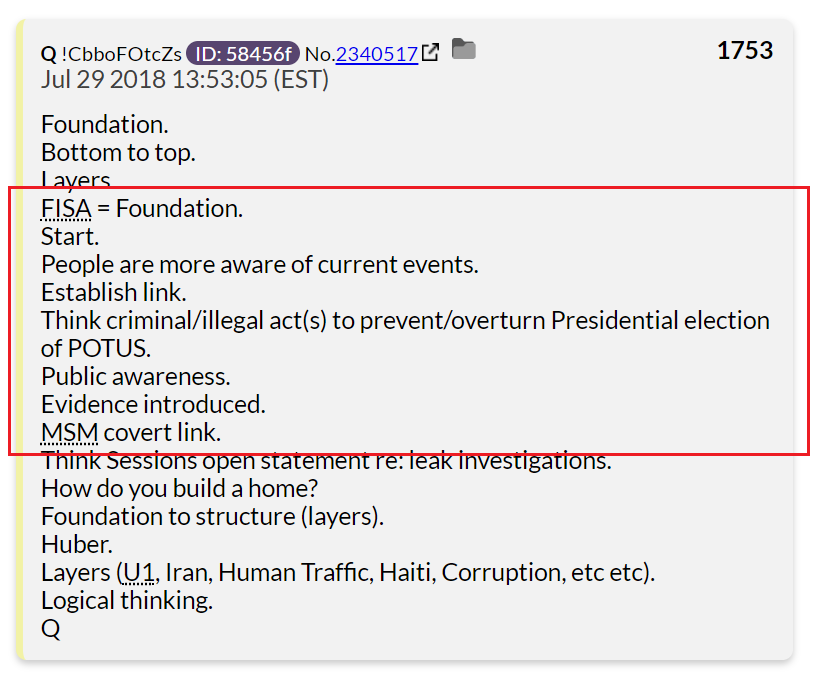 20) FISA is the START of the publicly visible aspect of the removal of corruption. Everything else will be built on the foundation of FISA.Why is FISA the start?Because FISA is the aspect of corruption that is easiest for the public to accept and understand.