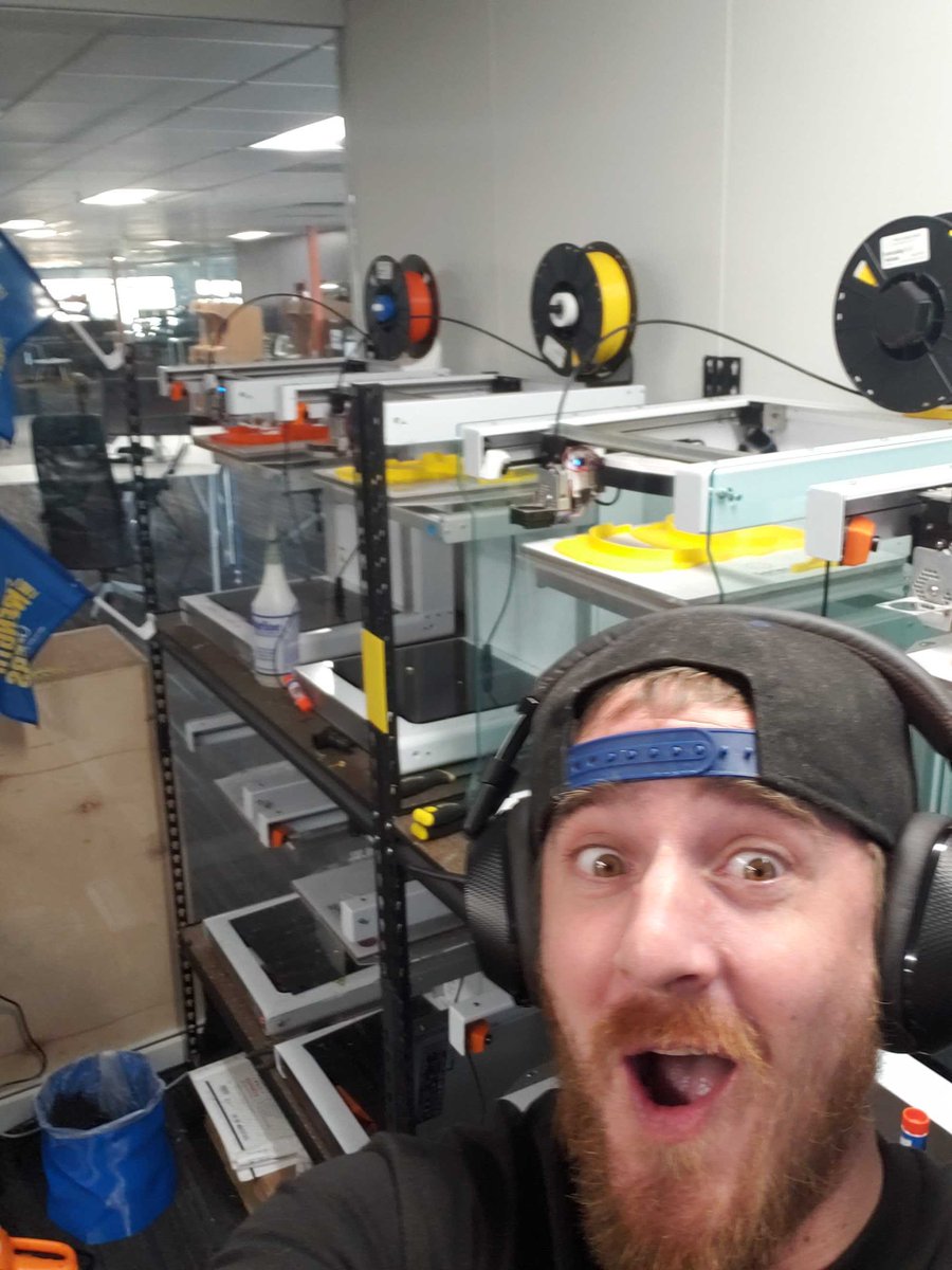 3D Printing guru Brandon Toomey's printer farm has been going now-stop for a week now printing single use head bands for face shields ( #budmen design)