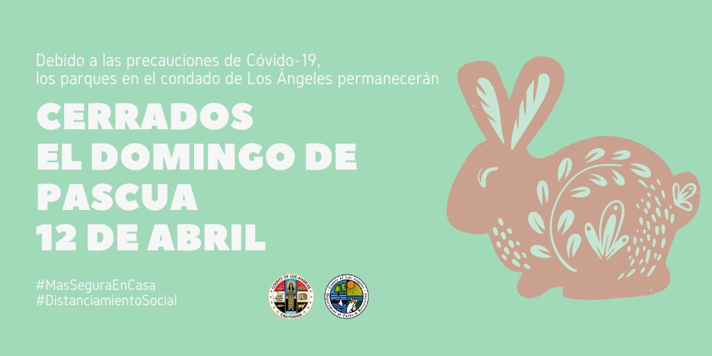lacountyparks's tweet photo. We know Easter is an important holiday for many park guests &amp; a fun tradition for #LACOUNTYPARKS. However the health &amp; safety of all who visit and work at our parks is our top priority. Anticipated crowds would make it impossible to ensure required #socialdistancing. #SaferAtHome https://t.co/bVawsZB597